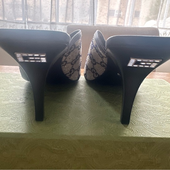 GUCCI Canvas Crystal GG Monogram Square G 95mm Slide Sandals 39.5 Beige Blue - Picture 3 of 8